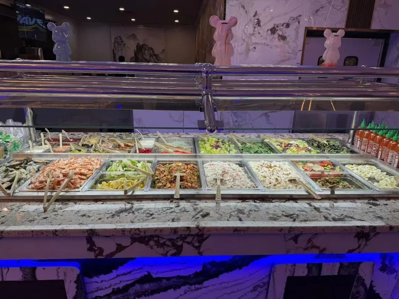 Fresh seafood and salad bar with shrimp and veggies at King Buffet, a Buffet Restaurant in Westminster.